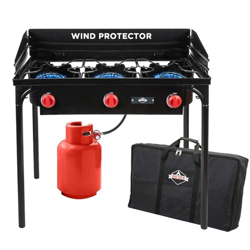 Hike Crew Cast Iron 3-Burner Outdoor Gas Stove | 225,000 BTU Portable Propane Cooktop w/Blue Flame Control, Removable Leg...