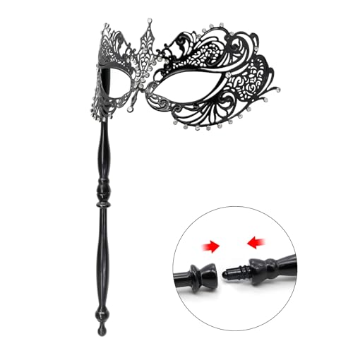 Thmyo Venetian Halloween Mardi Gras Party Mask with Holding Stick, Carnival Handheld Metal Feather Rhinestone Masquerade Mask