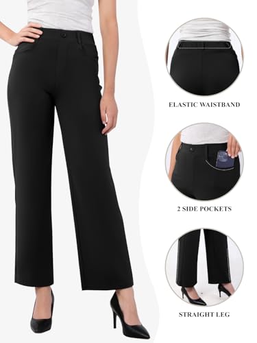 IPMQ Women's Straight Wide Leg Dress Pants Stretchy Work Pants Business Casual Slacks with Pockets