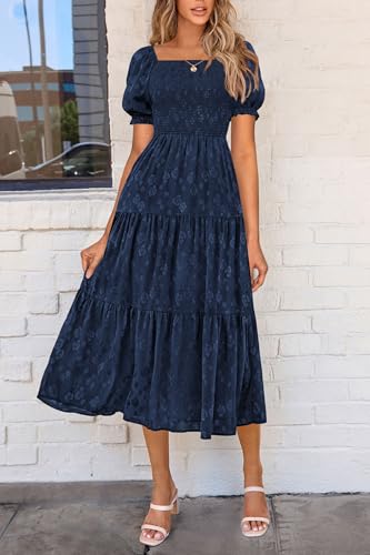 PRETTYGARDEN Women's 2026 Summer Casual Midi Dresses Square Neck Short Sleeve Smocked A Line Floral Flowy Elegant Boho Dress