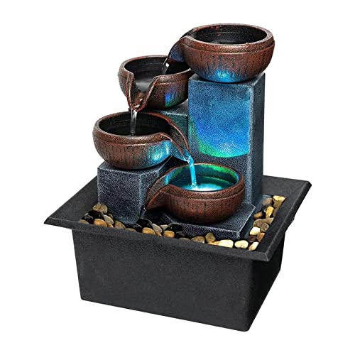 Small Indoor Relaxation Tabletop Fountain, Zen Meditation Waterfall Feature with Color LED Light & Natural Rocks, 4 Level ...