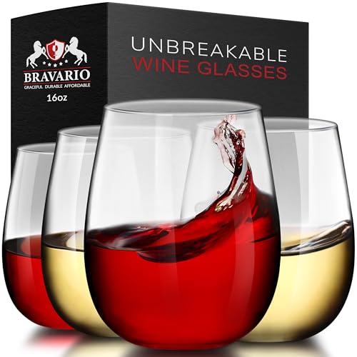 Bravario Unbreakable Stemless Plastic Wine Glasses | Reusable | Shatterproof 100% Tritan Plastic | Dishwasher-Safe | BPA-f...