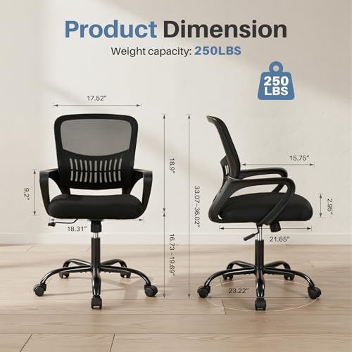 DUMOS Home Office Computer Chair - Ergonomic Mid Back Desk with Lumbar Support and Rocking Mode, Height Adjustable with Fi...