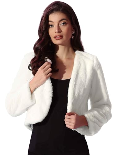 Allegra K Cropped Jacket for Women's Faux Fur with Pockets Long Sleeve Open Front Wedding Bolero Gowns Coat