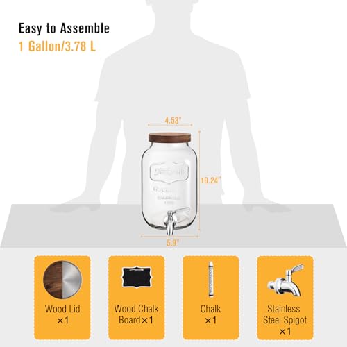 Mustry Glass Drink Dispenser for Parties, 1 Gallon Beverage Dispenser with Spigot Solid Stainless Steel, Used as Lemonade ...