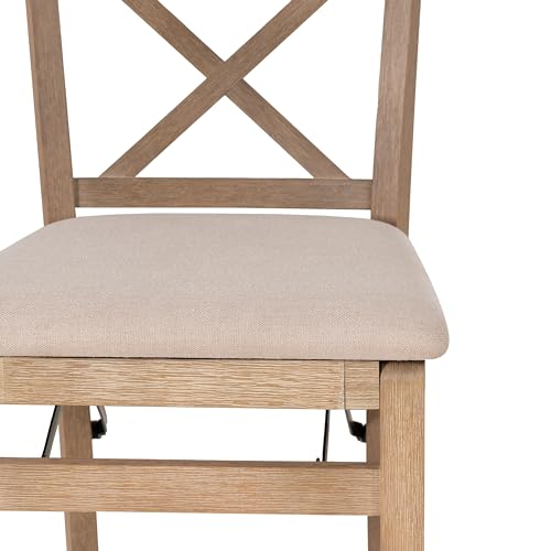 Linon Triena X Back Neutral Greywash Wooden Fully Assembled Folding 24 Inch Seat Height Counter Stool with Beige Upholstered Seat