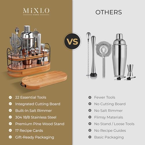 MIXLO HOME Mixology Bartender Kit - 22Pcs Bar Set Cocktail Shaker Set w Brown Bar Cart Accessories Stand - Shakers Bartend...