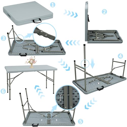Folding Table 4FT Camping Table Portable Heavy Duty Plastic Rectangular Outdoor Dining Table Steel Legs Fold-in-Half with ...