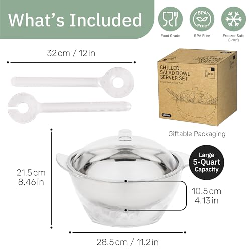 Useful Co. 5QT Salad Bowl Set on Ice - Large Salad Bowl with Lid & 2 Servers - Chilled Tray for Cold Food, Party Buffet - ...