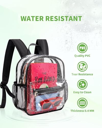 MAY TREE Clear Backpack for Stadium Events, 12x11x5 Inches Small Clear Backpack for Concert Festival Sports Outdoor - Black