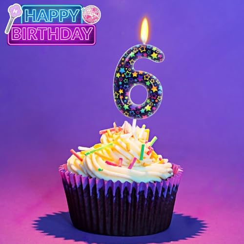 Elekfx Kpop Theme Number 6 Candle, Purple Star Cake Topper, Dark Fantasy Demon Style Girls Kpop Birthday Decorations Party...