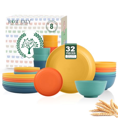 Homienly Dinnerware Set 32-Piece Wheat Straw Dinnerware Sets Unbreakable Reusable Dinnerware Set Kitchen Cups Plates and B...