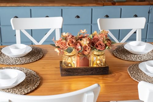 Mkono Mason Jar Lights Centerpiece Table Decorations for Dining Room Farmhouse Coffee Table Decor Tray with 3 Jars Flowers...