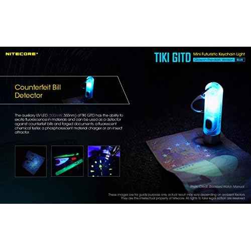Nitecore Tiki GITD Blue Keychain Flashlight with UV & High CRI Light, 300 Lumen Everyday Carry EDC USB-C Rechargeable with Charging Cable