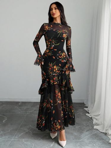 GothDark Womens Floral Maxi Dress Sheer Mesh Bell Sleeve Tiered Ruffle Gothic Romantic Casual Long Dresses