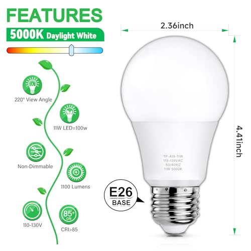 MAXvolador 12-Pack A19 LED Light Bulbs, 100 Watt Equivalent LED Bulb, 5000K Daylight White, 1100 Lumens, E26 Medium Base, ...