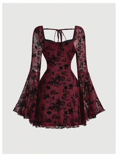 WDIRARA Women's Floral Jacquard Mesh Gothic Dress Bell Long Sleeve A Line Vintage Dresses