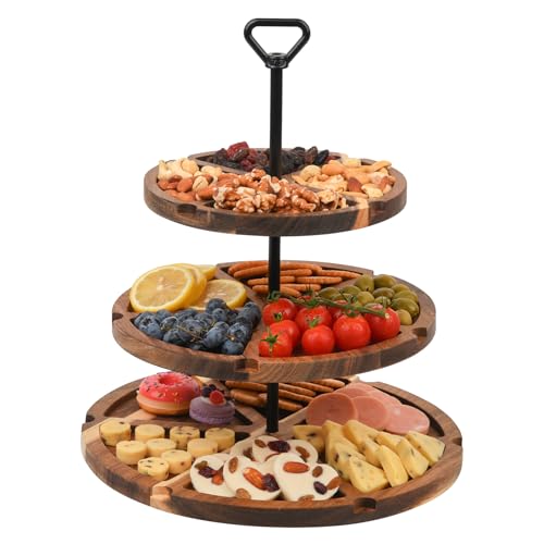 Elegant Charcuterie Boards Three Tiered Acacia Cheese Board and Cupcake Stand with 360° Easy-to-Spin Trays, Perfect for Ga...