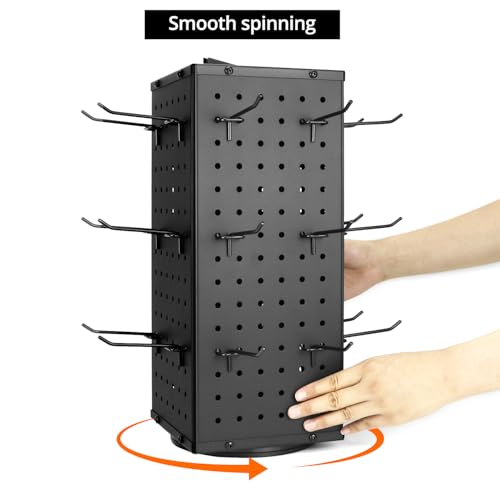 QWORK Rotating Pegboard Display Stand with 24 Hooks - 4-Sided Metal Spinning Peg Board Display