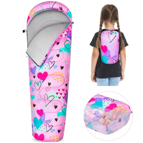 FIOBEE Kids Sleeping Bag for Girls Boys 3 Season Warm & Cool Weather Youth Camping Sleeping Bags with Backpacking Bag Wate...