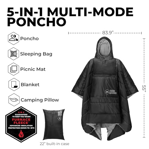 Tough Outdoors 5 in 1 Camping Poncho - Packable Blanket - Wearable Sleeping Bag Adult - Sleeping Bag Poncho - Waterproof