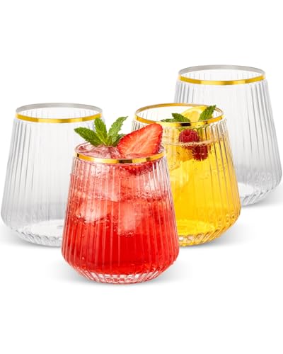 Goodluck 36 Pack 12oz Stemless Plastic Wine Glasses – Clear Ribbed Cups with Gold Rim, Fancy Reusable Disposable Drinkware...