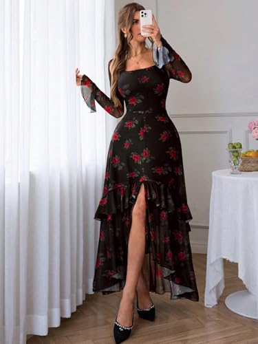 GothDark Women's Floral Mesh Dress Elegant Long Sleeve Square Neck Double Layer Ruffle Hem Casual Wedding Guest Maxi Dresses