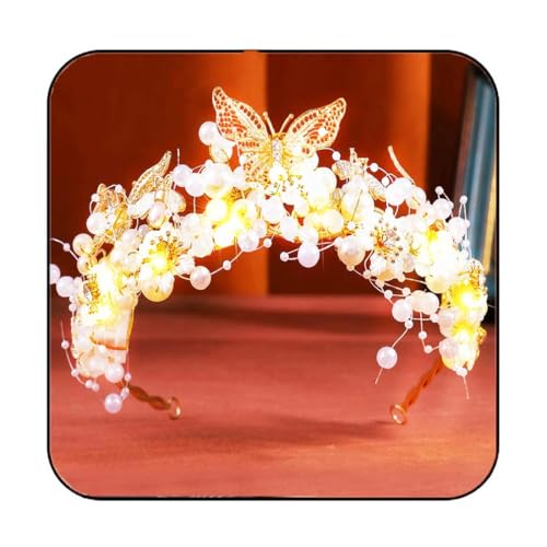 GORTIN Butterfly Crown and Tiara Gold Light up Flower Bride Wedding Headpiece Pearl Headband Bridal Hair Accessories for W...