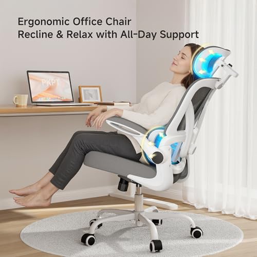 PKPT Ergonomic Office Chair, 330LBS Desk Chair with 3-Level Lumbar Support & Headrest, Breathable Mesh Backrest, Flip-Up A...