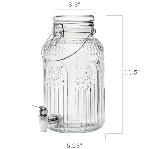 Kingrol 1 Gallon Glass Drink Dispenser with Lid and Spigot - Wide Mouth, Leak Proof Juice Pitcher- Vintage Beverage Dispen...