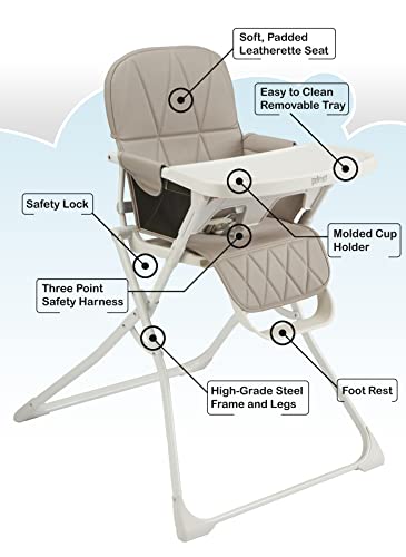 Primo PopUp Folding High Chair for Baby Age 6 to 36 Months - Taupe Folding Beach Style High Chair with Removable Dishwashe...