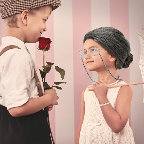 Huskein Old Lady Costume for Women, 100 Days of School Costume for Girls, Granny Bun Wig Glasses Wig Cap Pearl Necklace Br...