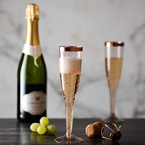 Rose Gold Plastic Champagne Flutes Disposable - Rose Gold Glitter with a Rose Gold Rim - [1 Box of 36 ] 6.5 Oz - Elegant S...