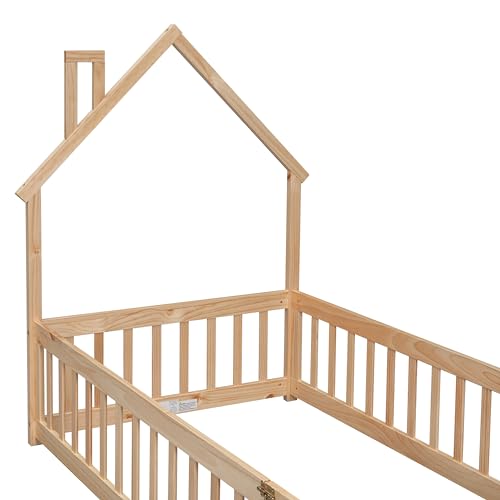 Lighluxstly Twin Size Montessori Floor Bed with Fence and Door, House-Shaped Headboard Floor Bed with Full-Length Guardrails, Floor House Bed for Teens