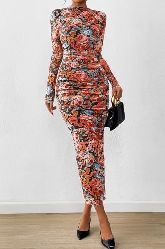 PRETTYGARDEN Womens Long Sleeve Maxi Dresses 2026 Spring Ruched Bodycon Floral Mesh Formal Wedding Guest Cocktail Party Dress