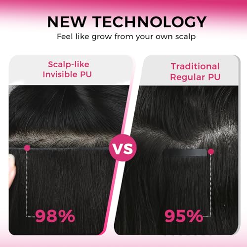 Lashey Invisi Edge Clip in Hair Extensions 14 Inch 110g 7pcs Injected Seamless PU Clip in Hair Extensions Virgin Human Hair, Natural Black Yaki Straight Hair