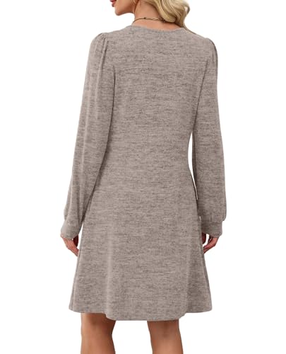 OFEEFAN Long Sleeve Dress for Women Pleated Crew Neck Casual Babydoll Sweater Dress with Pockets Fall Outfits Fashion