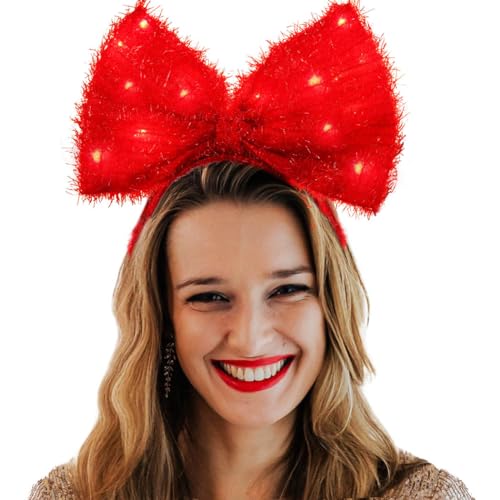 Bouory Light Up Bow Headbands LED Bowknot Hairband Red Bows Head Bands for Women (Red)