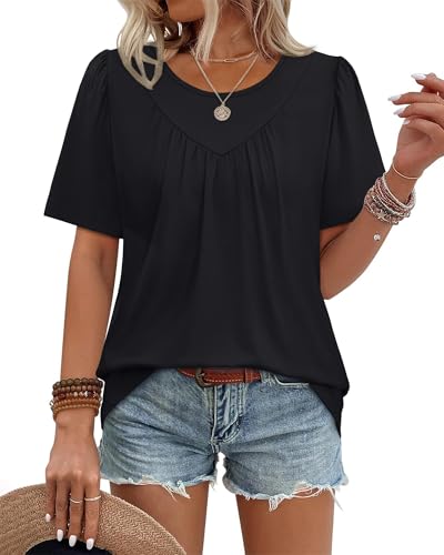 WIHOLL Womens Summer Tops Trendy Short Sleeve T Shirts Pleated Crewneck Tees Blouses Dressy Casual Outfits Fashion Clothing