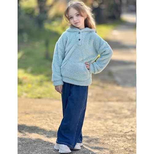 Arshiner Girls Hoodie Sherpa Fleece Pullover Hooded Sweatshirt for Girl Button Up Casual Outerwear Coat With Pockets