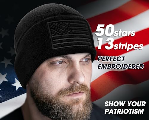 RUCD American Flag Fleece Watch Cap, Winter Warm Fleece Beanie, USA Army Military Tactical Beanie Hat