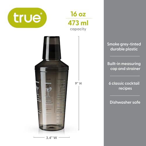True Smoke Tinted Plastic Cocktail Shaker with Measurements for Cold Brew Cocktails, Margarita, Includes 6 Recipes, Espres...
