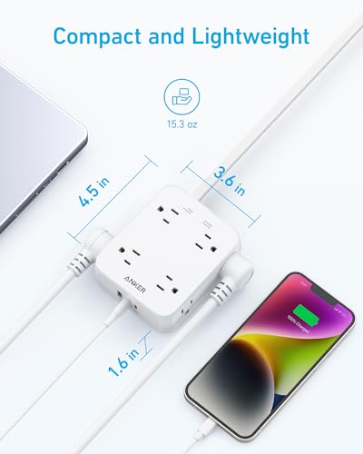 Anker Surge Protector Flat Plug Power Strip 2000J, 5ft Thin Extension Cord, 8 Outlets,2 USB A and 1 USB C Port,20W for iPh...