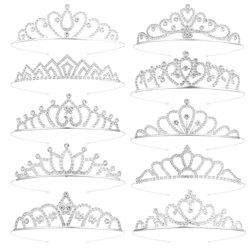 10pcs Tiaras Crowns Headbands, Silver Zinc Alloy Princess Bulk Crown Sparkling Rhinestone Hair Accessories for Women Birth...