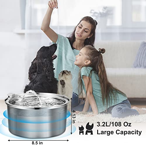 Automatic Stainless Steel Cat Water Fountain for Multi Pet Households, 3.2L/108oz, Large Capacity Dog Water Dispenser with...