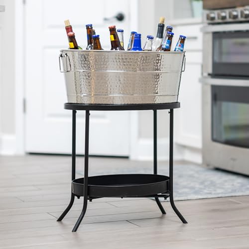 BREKX Aspen Hammered Stainless-Steel Beverage Tub, Ice and Drink Bucket with Metal Stand, 25-Quart for Parties