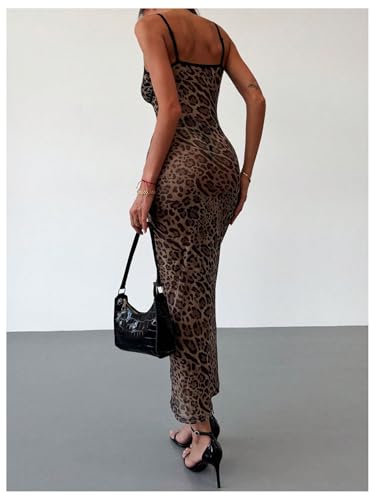 BEAUDRM Women's Sexy Cheetah Sheer Dress Y2K Mesh Leopard See Through Bodycon Maxi Dress Going Out Date Party Rave Clubwear