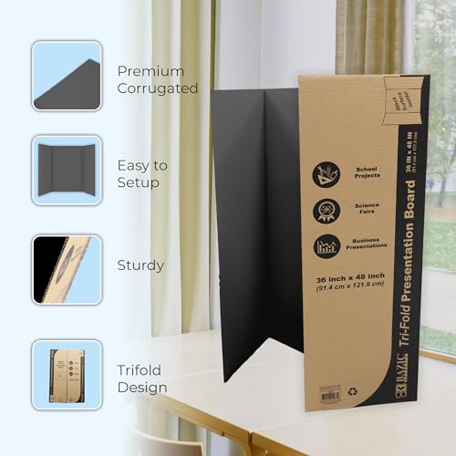 BAZIC Products Trifold Poster Board – Black Corrugated Cardboard Display Board for School Projects, Science Fairs, Photos,...