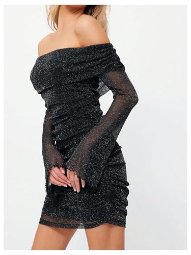 GORGLITTER Women's Off The Shoulder Long Sleeve Summer Ruched Mesh Dress Flare Mini Bodycon Dresses