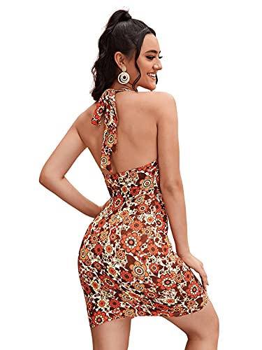 Floerns Women's Sleeveless Halter Backless Tie Back Floral Bodycon Mini Dress